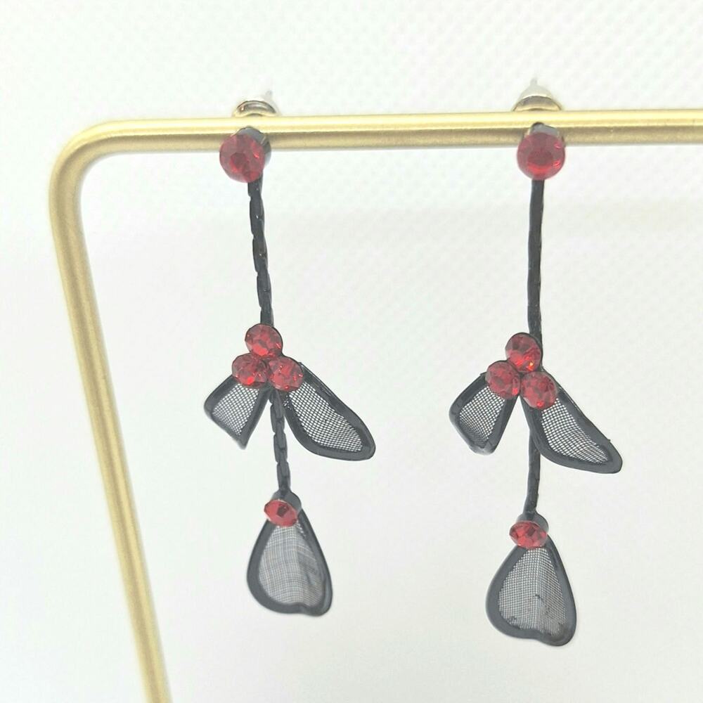 Black Dangle Earrings Black Mesh Leaves Red Rhinestones Posts